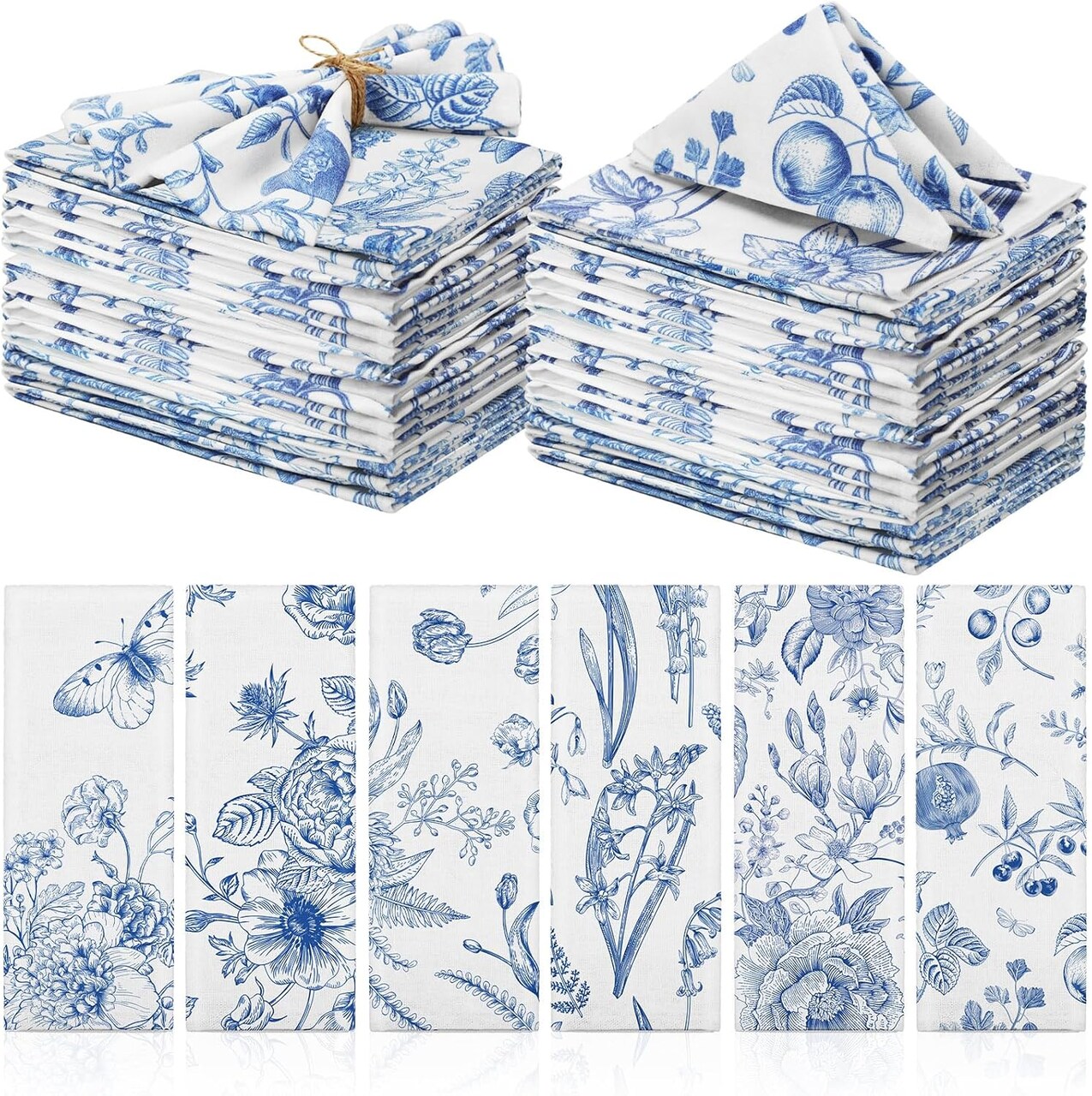 Set of 24 Blue & White Floral Cloth Napkins, 15×15 in, Cotton, Washable & Reusable